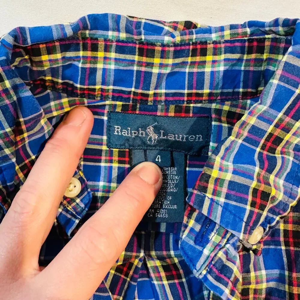 Ralph Lauren 100% Cotton Plaid Long Sleeve Button Down Poplin Top Sz 4